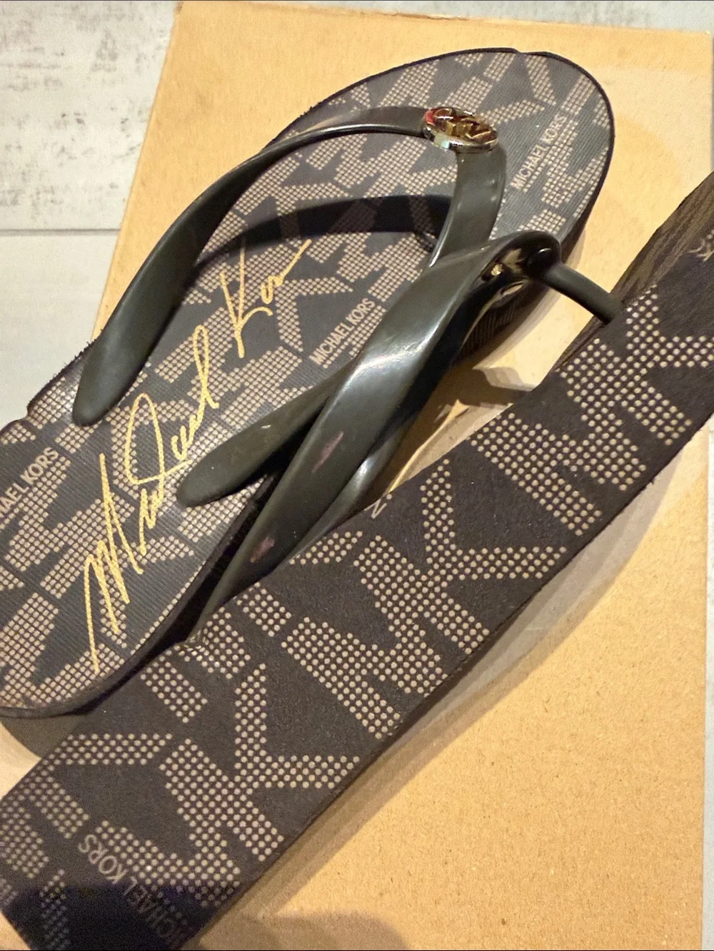 Michael Kors Brown MK Logo Platform Thong Sandal with Gold Accent